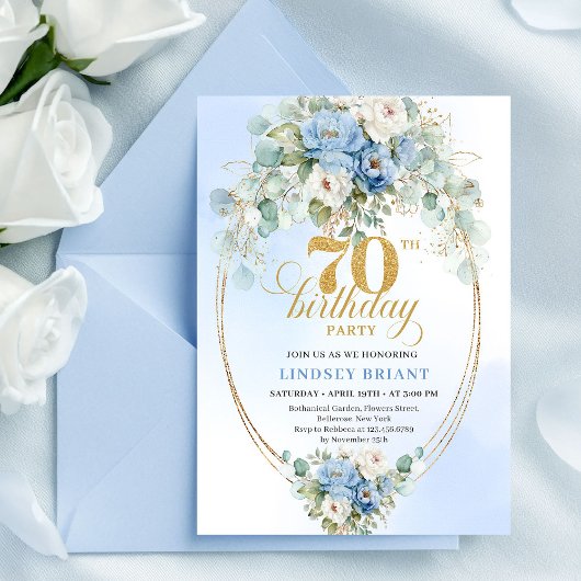 Classic Blue Floral Eucalyptus 70th Birthday Invit Einladung
