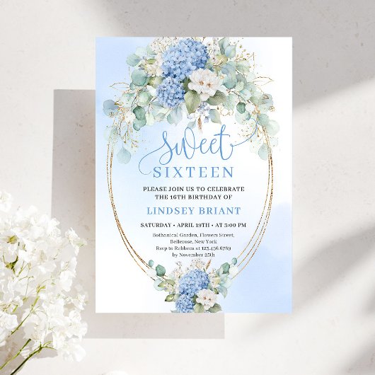 Classic Blue Floral Eucalyptus Sweet 16 Invitation Einladung