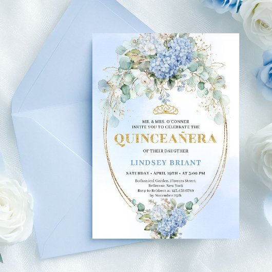 Classic Blue Floral Greenery Quinceañera Invite Einladung