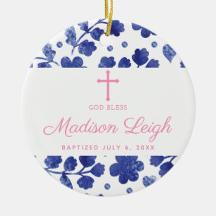 Classic Blue Floral Personalized Girl Baptism Keramik Ornament