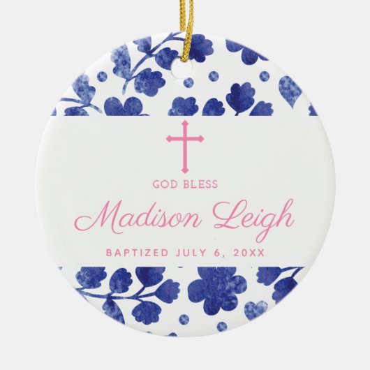 Classic Blue Floral Personalized Girl Baptism Keramik Ornament (Vorne)