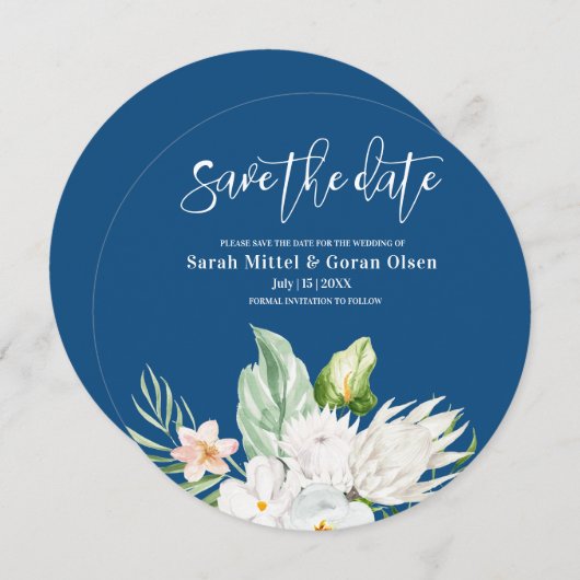 Classic Blue Floral Save the Date Runde Einladung (Vorne/Hinten)