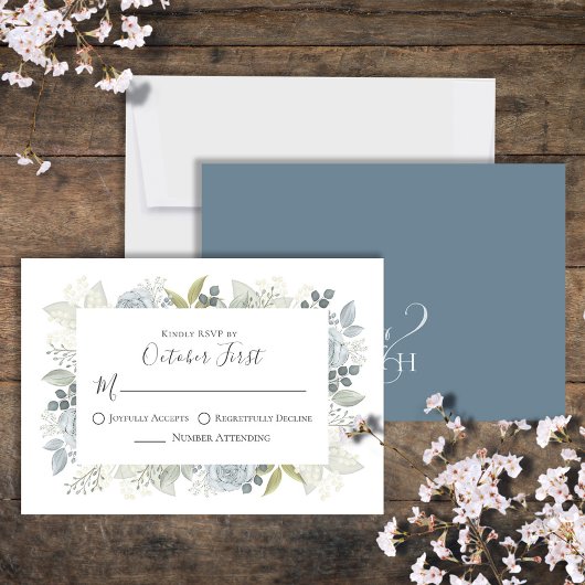 Classic Blue Floral Simple Elegante Calligraphie RSVP Karte