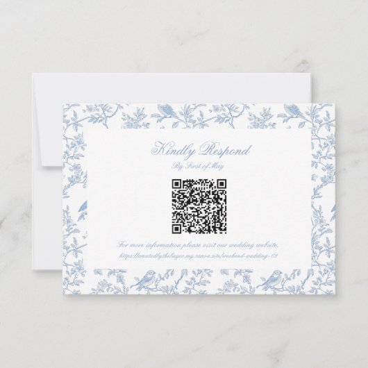 Classic Blue Floral Toile QR code RSVP Karte (Vorderseite)