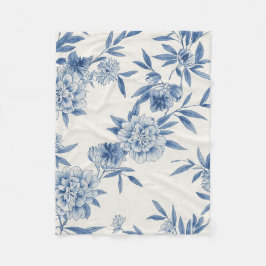 Classic Blue Floral Toile Watercolor Pattern White Fleecedecke