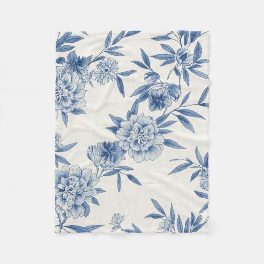 Classic Blue Floral Toile Watercolor Pattern White Fleecedecke (Vorderseite)