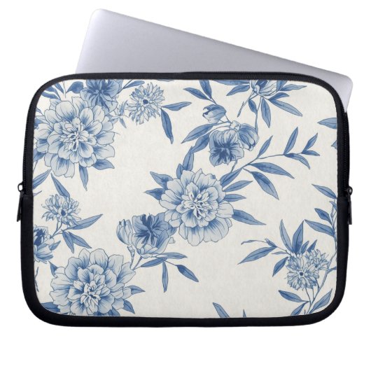 Classic Blue Floral Toile Watercolor Pattern White Laptopschutzhülle (Vorderseite)