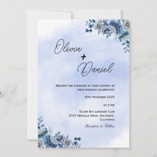 Classic Blue Floral Wedding Invitation Einladung (Vorderseite)