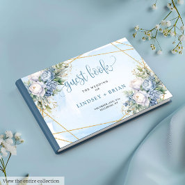 Classic Blue Flowers White Gold Wedding Guest Book Gästebuch