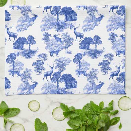 Classic Blue French Toile Deer Forest Geschirrtuch (Gefaltet)