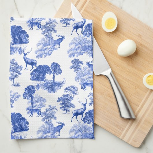 Classic Blue French Toile Deer Forest Geschirrtuch (Viertel Falte)