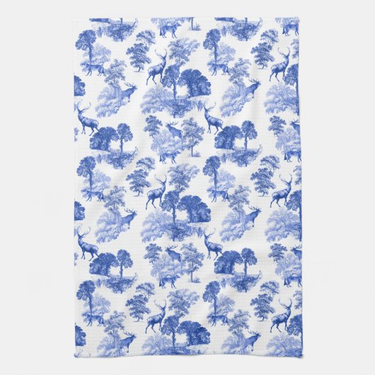 Classic Blue French Toile Deer Forest Geschirrtuch (Vertikal)