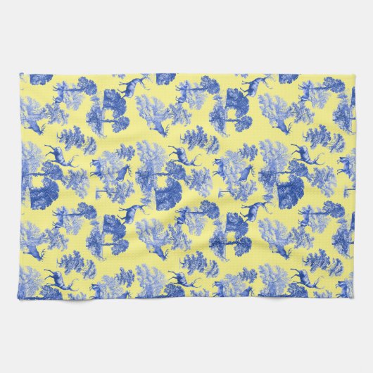 Classic Blue French Toile Deer Forest Pattern Geschirrtuch (Horizontal)