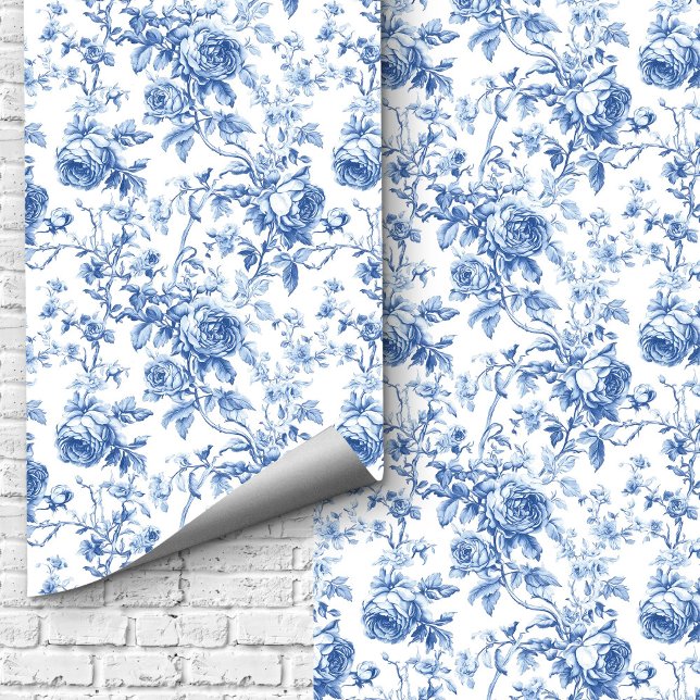Classic Blue French Toile Roses Floral Wallpaper   Tapete (Classic Blue French Toile Roses Floral Wallpaper Design)