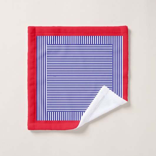 CLASSIC BLUE GEOMETRIC STRIPE RED TRIM BADHANDTUCH SET (Waschlappen)