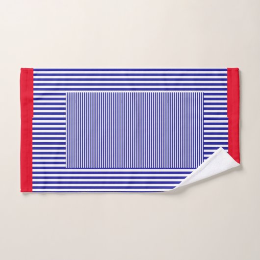 CLASSIC BLUE GEOMETRIC STRIPE RED TRIM BADHANDTUCH SET (Handtuch)