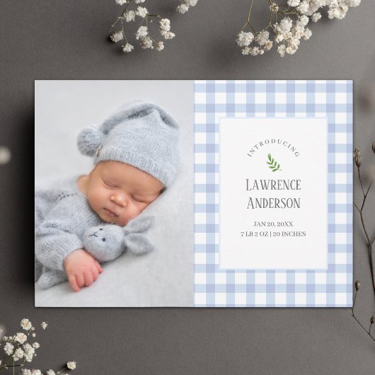 Classic Blue Gingham Baby Boy 2 Foto Birth Ankündigung