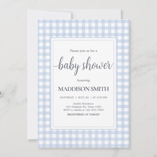 Classic Blue Gingham Baby Shower Einladung (Vorderseite)
