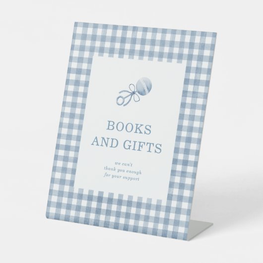 Classic Blue Gingham Boy Baby Shower Books & Gifts Sockelschild (Vorderseite)