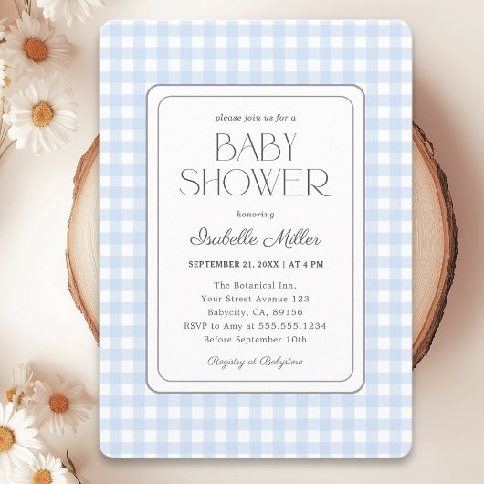 Classic Blue Gingham Boy Baby Shower Einladung