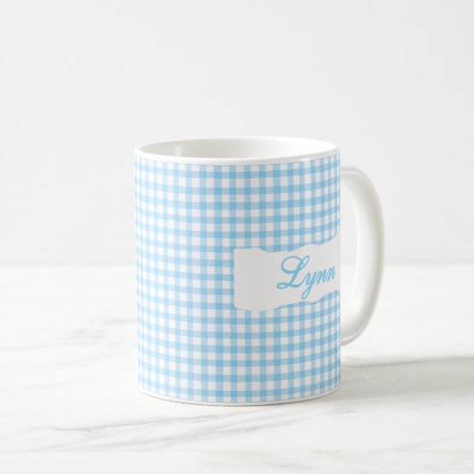 Classic Blue Gingham Personalized Name  Kaffeetasse (VorderseiteRechts)
