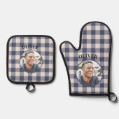 Classic Blue Gingham Plaid Custom Name & Photo Ofenhandschuh & Topflappen-Set (Vorderseite)