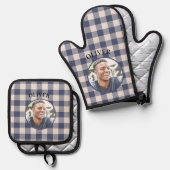 Classic Blue Gingham Plaid Custom Name & Photo Ofenhandschuh & Topflappen-Set (Vorderseite/Rückseite)
