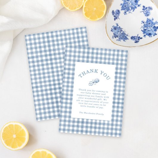 Classic Blue Gingham Rattle Boy Baby Shower Dankeskarte