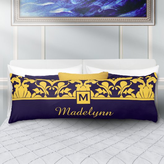 Classic Blue Gold Damask Monogram Seitenschläferkissen