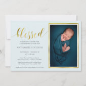 Classic Blue Gold gesegnete Boy Foto Christening Einladung (Vorderseite)