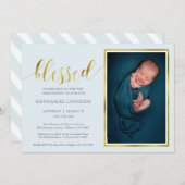 Classic Blue Gold gesegnete Boy Foto Christening Einladung (Vorne/Hinten)