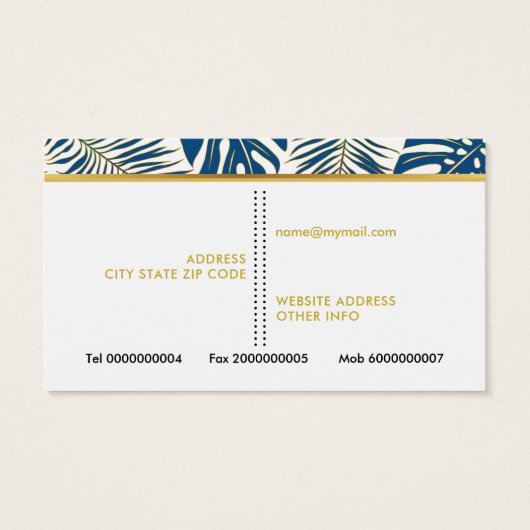 Classic Blue, Gold Tropical Blätter Visitenkarten (Rückseite)
