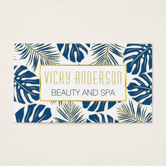 Classic Blue, Gold Tropical Blätter Visitenkarten (Vorderseite)