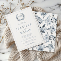 Classic Blue Grey Floral Boho Hochzeitseinladung