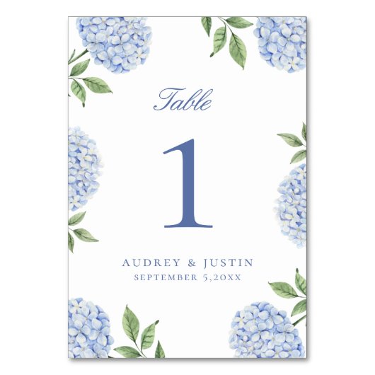 Classic Blue Hydrangea Flower Wedding Tischnummer (Vorderseite)