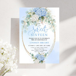 Classic Blue Hydrangea Gold Floral Sweet Sixteen Einladung