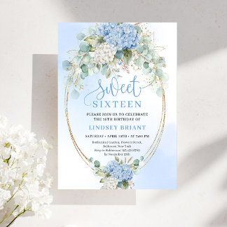 Classic Blue Hydrangea Gold Floral Sweet Sixteen Einladung