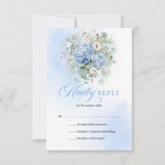 Classic Blue Hydrangea Gold Wedding Enclosure RSVP Karte (Vorderseite)