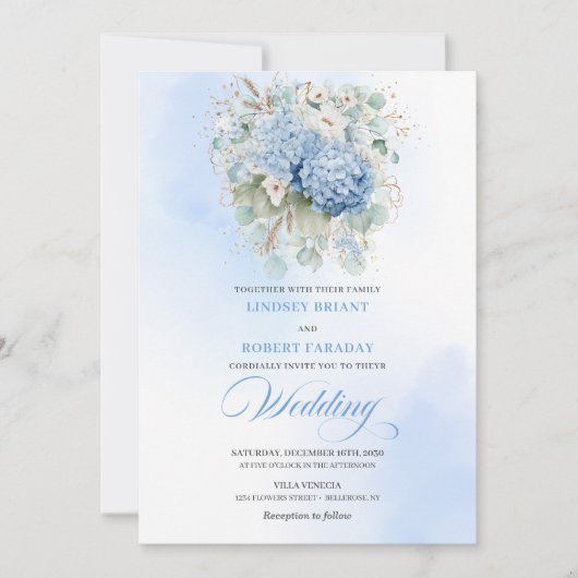 Classic Blue Hydrangea Watercolor Wedding Invite Einladung (Vorderseite)