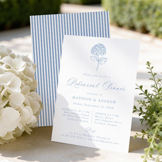Classic Blue Hydrangea Wedding Rehearsal Dinner Einladung