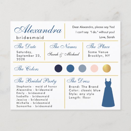 Classic Blue Imitate Gold Bridesmaid Information C (Vorderseite)