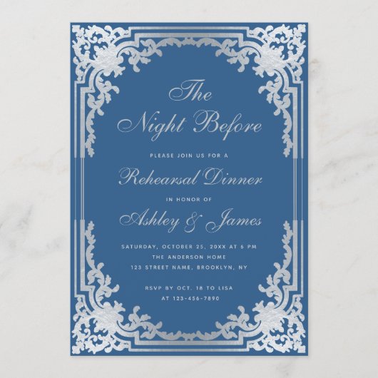 Classic Blue Imitate Silver Vintag Probe Dinner Einladung (Vorderseite)