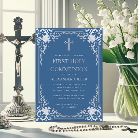 Classic Blue Imitats Silver Cross Boy First Commun Einladung