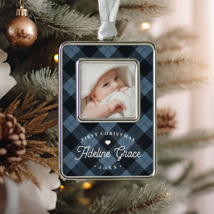 Classic Blue Kariert Baby's First Christmas Foto Rahmen-Ornament Silber