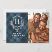 Classic Blue Kariert Monogram Foto Weihnachten (Vorderseite)