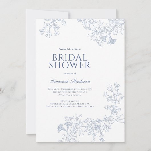 Classic Blue Line Gezeichnet Blumenmuster-Brautpar Einladung (Vorderseite)