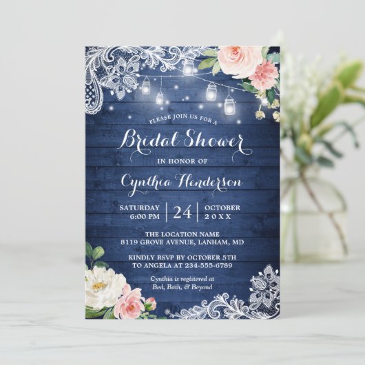 Classic Blue Mason Jar Lights Brautparty Einladung (Stehend Vorderseite)