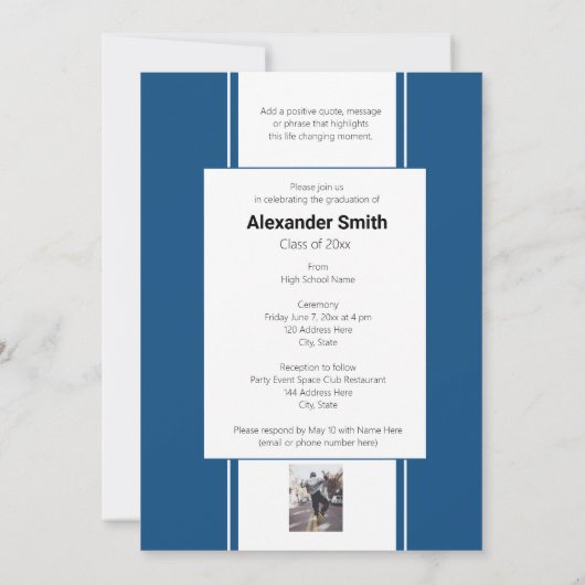 Classic Blue Modern Trendy Abschluss Einladung (Rückseite)