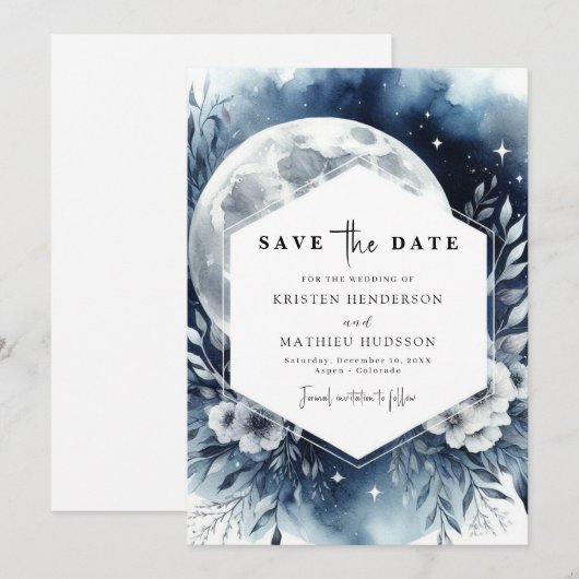 Classic Blue Moonlit Wedding Save The Date (Vorne/Hinten)