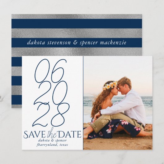 Classic Blue | Navy und White Lässig Script Foto Save The Date (Vorne/Hinten)